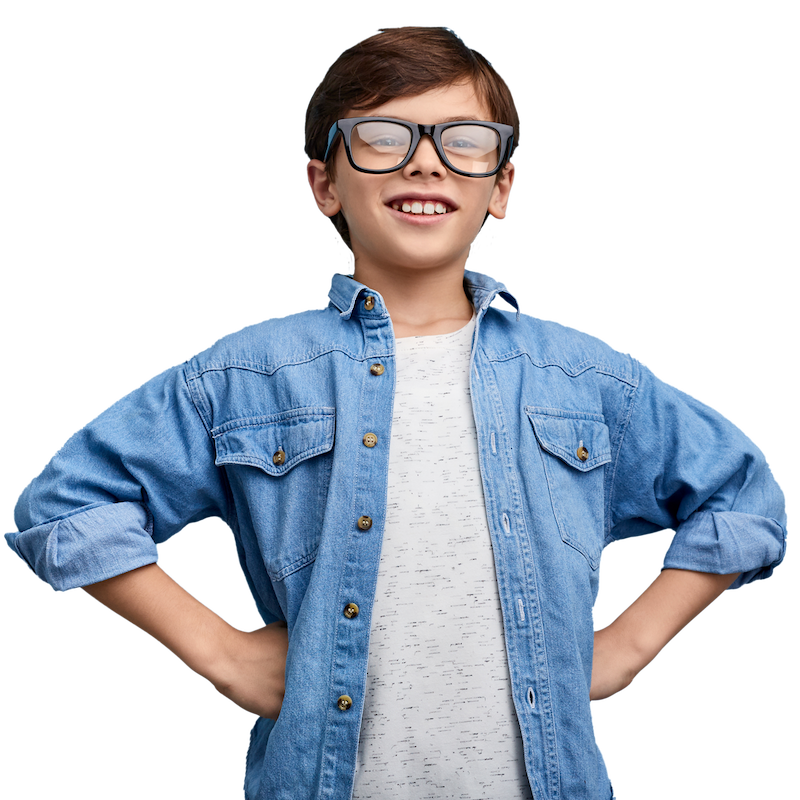 student in denim shirt with black frame glasses